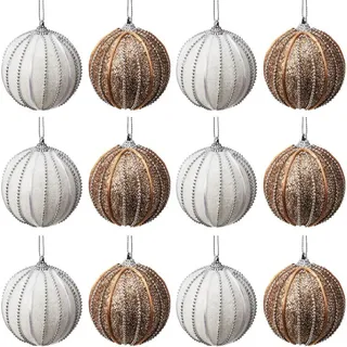 Bruchsichere Weihnachtskugeln, weiß, champagnerfarben, 8 cm, 12 Stück. - Weiß, Beige