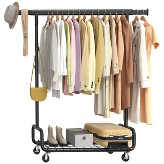 SONGMICS Kleiderständer, Schwerlast-Garderobenständer, auf Rollen, ausziehbare Kleiderstange, verstellbare Höhe, mit Ablage, Haken, tintenschwarz HSR014B01