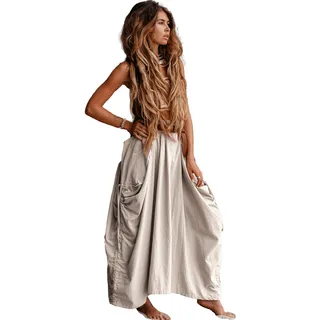 Thaluta Damen Maxi Boho Rock mit Taschen Bohemian Organic Cotton Hippie Gypsy, Elfenbein