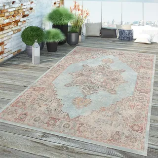 TT Home In-& Outdoor Teppich Küche Wohnzimmer Wetterfest Balkon Vintage Design Abstrakt Größe 120x170 cm - Türkis