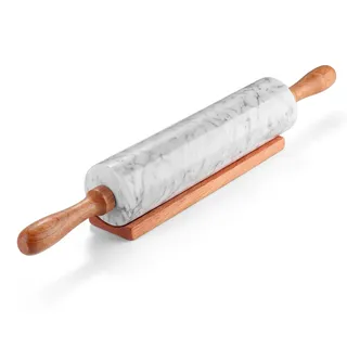 Flexzion Teigroller aus weißem Marmor, 25,4 cm, mit Holzgriff und Halter-Basisständer, Marmor-Nudelholz zum Backen von Gebäck, Pizzateig, Fondant, Kekskuche, Kruste, Nudeln, Bäckerei-Roller