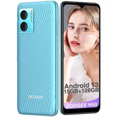 DOOGEE N50 Smartphone Ohne Vertrag, 6,52" HD+,Android 13 Smartphones, 15GB RAM+128GB ROM/TF 1TB,Handy Ohne Vertrag,Octa Core, 50MP+8MP, 4G Dual SIM/Face ID/Fingerabdruck/OTG/GPS/4200mAh, Blau