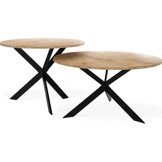Couchtisch Set Lev - 2er-Set Beistelltisch Rund (Ø75/58 cm) - Wohnzimmertisch Industrial, Satztisch mit Metallgestell Schwarz - Kaffeetisch Modern - Lancelot Eiche - Braun
