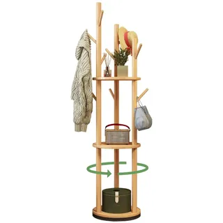 Taotigzu Garderobenständer mit Füßen, drehbar, mit 3 Regalen und 9 Haken, Kleiderständer aus Holz, Eingangsmöbel, ideal für Eingangsbereich, Flur oder Schlafzimmer