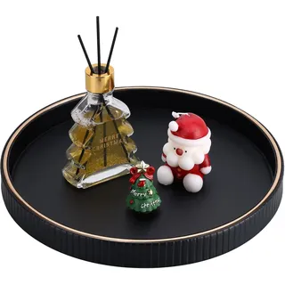 KINGFOM Tablett Serviertablett Groß Deko Tablett Rund Ø 30 cm | PU Leder Dekotablett Valet Tablet für Küche,Wohnzimmer, Schlafzimmer (Schwarz)