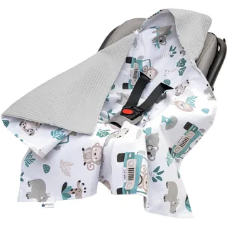 Medi Partners Einschlagdecke Baby Babyschale 100% Baumwolle für Sommer 85x85cm Kinderwagen Kuscheldecke universal Baby Decke Einschlagdecken Babydecke Buggy Autositz (‎Mint Zoo mit Grauer Waffel)