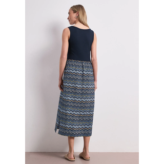Midikleid STREET ONE, Damen, Gr. 44, N-Gr, blau (tiefblau), Web, Obermaterial: 97% Viskose, 3% Elasthan, gemustert, körpernah 3/4-Länge, Rundhals, Kleider Midikleid, mit Struktur-Rock und Zick-zack-Muster