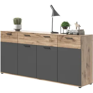 Inn.Furn Sideboard Eiche, grau 200 cm, Kommode mit Soft-Close, Wohn- und Esszimmermöbel , Eichefarben, Grau , Kunststoff , Nachbildung,Eiche , Holz Optik, Uni , 5 Fächer , 1 Schubladen , Rechteckig , 200x91x40 cm , FSC Mix , Kleinmöbel, Kommoden, Sideboards