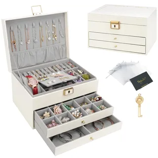 DesignSter Schmuckkasten, Schmuckkästchen mit 3 Ebenen mit Schubladen, PU-Leder Schmuckbox Schmuckschatulle Groß Schmuck Organizer für Ringe Ohrringe Armbänder Halsketten, Beige