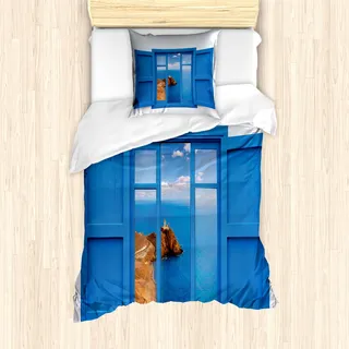 ABAKUHAUS Leuchtturm Mantele, Berg Ozean Meer, Milbensicher Allergiker geeignet mit Kissenbezügen, 135 cm x 200 cm - 80 x 80 cm, Blau Weiss - Blau