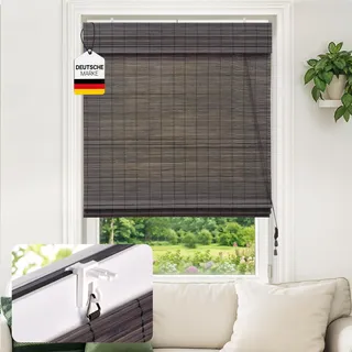 Victoria M. Klemmfix Bambus Raffrollo Sonnenschutz Sichtschutz Rollo Seitenzugrollo ohne Bohren, für Fenster und Türen, 110 x 130 cm, Dunkelbraun