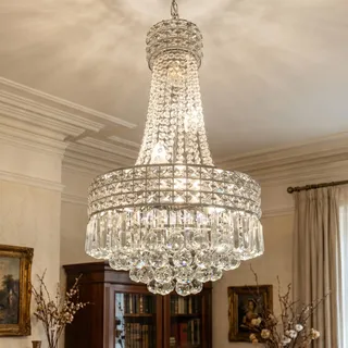 MSSIAN Kronleuchter Vintage Silber Kristall im Empire-Design – Dimmbar & Höhenverstellbar, mit 6 E14-Fassungen für Wohnzimmer, Esszimmer & Flur, Ø 42 cm