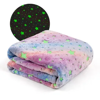 Winthome Kuscheldecke Mädchen Weiche, Glow In The Dark Kuscheldecke Kinder Fauschig Warme, Kinderdecke für Mädchen Junge Geschenk Weihnachten, Babydecke Alle Jahreszeiten Geeignet(Stern 3,130x170cm)
