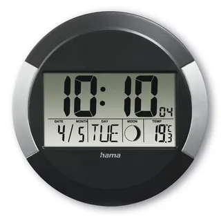 Hama Wanduhr Digital mit Funk PP-245 (Funkuhr ohne tickgeräusche, Digitaluhr mit LCD-Display, Thermometer, Kalender, Mondphase, inkl. Batterie zum aufhängen oder hinstellen) schwarz- silber