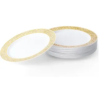 MATANA 20 Premium Weiße Plastik Dessertteller, Kleine Partyteller mit Goldrand, 19cm - Elegant, Stabil & Mehrweg - Hochzeiten, Geburtstage, Taufen, Weihnachten, Grillpartys, Partys