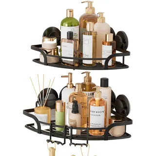 TAILI Duschablage Ohne Bohren,Einstellbar Ecke Dusche Caddy Saugnapf 2er Set Dusche Zubehör mit Haken Rostfrei Schwarz Duschregal Organisator für Küche Badezimmer, Schwarz