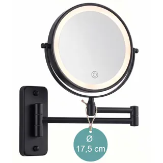 Relaxdays Kosmetikspiegel Wand, mit LED-Beleuchtung, 10-fach, 360° drehbar, Ø 17,5 cm, Metall, Akku mit USB, schwarz - Schwarz
