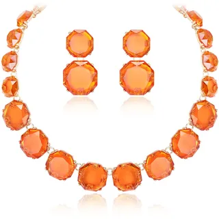 EVER FAITH Strass Statement Halskette Ohrringe Set, Rund Orange Kristall Bohème Art Deco Modeschmuck Set für Damen Mädchen