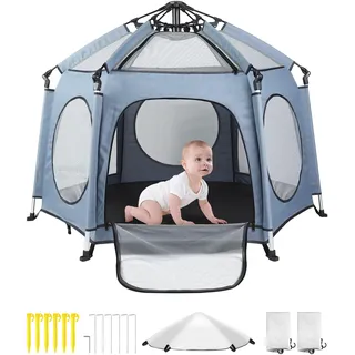 HOMGEN Laufstall Baby Faltbar 144×103cm – Pop-up Laufgitter Klappbar, 6 Eckig, Leicht und Tragbar, Reiselaufstall mit Tragetasche mit Sonnenschutz für Garten, Strand und Reisen