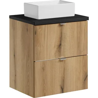 Badezimmerschrank 50 cm mit Sockelwaschbecken und schwarzer Platte - Schwarz, Weiß