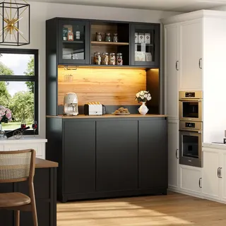 okwish Küchenschränke Hochschrank Sideboard mit farbwechselnde LED-Beleuchtung,Buffetschrank Beistellschrank mit offene mittlere Bereich,schwarz - Schwarz