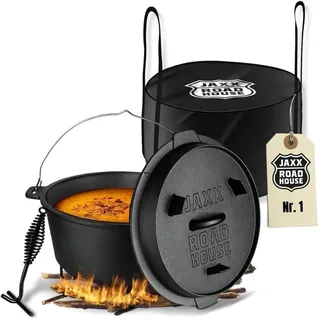ORIGINAL DUTCH OVEN (9L), JAXX ROADHOUSE eingebrannter Gusseiserner Feuertopf mit Deckelheber & Tragetasche, für Innen und Außen