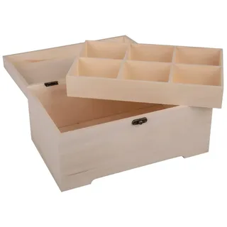 Rayher Holz Schatulle mit Verschluss und Einsatz, 6 Fächer, 2-teilig, 28 x 18 x 13,5 cm, FSC zertifiziertes Holz, natur, Holzkiste mit Deckel, Holzbox, 64506505