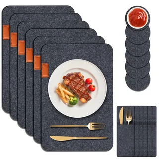 Platzsets Filz Abwaschbar, Hitzebeständige Tischsets und Untersetzer, 6 Waschbare Tischmattes, 6-rutschfeste Filzuntersetzer und 6-Besteckhüllen, Schützen Sie Ihren Küchen (Platzset Filz-Rechteckig)