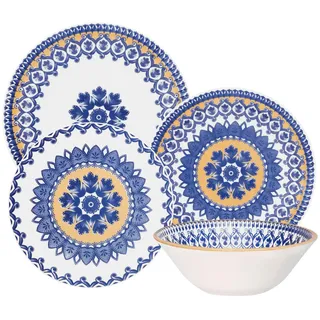 Novel Kombiservice , Blau, Gelb, Weiß , Keramik , 16-teilig , Mandala , 500 ml , Lfgb , lebensmittelecht , Geschirr, Geschirrsets, Kombiservice