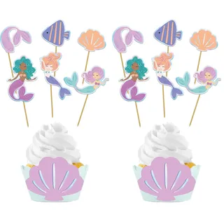 Folat 23937 Meerjungfrau Geburtstag Deko Blau mit Irisierende Glitzer - Cupcake Deko-Set - Mermaid Magic - 6 Sets - Nixe Dekoration für Meerjungfrauparty (Packung mit 2)