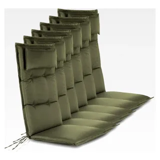 6er-Set Stuhlauflagen für Hochlehner mit Kissen 120x50 cm aus wasserdichtem und pflegeleichtem Outdoor-Material - Gepolsterte Gartenstuhlauflagen für Innen und Außen in Oliv