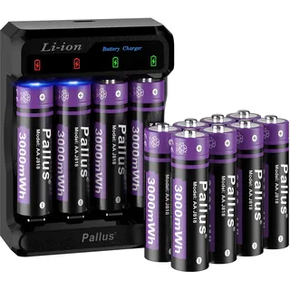 Pallus 12 Stück Wiederaufladbare Lithium AA Akku, 3000mWh Hoher Kapazität mit bis zu 1600 Zyklen, 2-Stunden-Schnellladegerät mit 4 Unabhängige Steckplätze