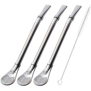 Bombilla Yerba Mate Strohhalme, 3er-Pack Wiederverwendbarer bunter Tee-Kaffee-Cocktail Edelstahl gebogener glatter Fluss Trink-Rührfilter-Löffel-Strohhalme mit Reinigungsbürste von Beruth (silber)
