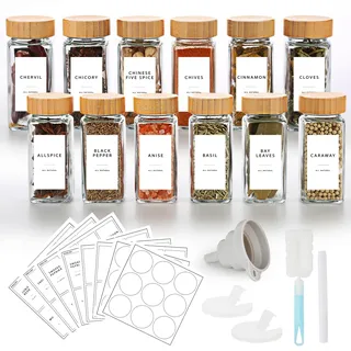 Lannvan Gewürzgläser Eckig Set [12 x 120ml] mit Bambus Deckel, Gewürzdosen mit 246 Etiketten, Gewürzstreuer Spice Jars Gewürzbehälter mit Trichter, Leeren Aufklebern, Reinigungsbürste, Sieben