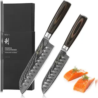 Wakoli EDIB Essentials 2er Damastmesser Santoku Messerset - 12cm - 18cm I Profi Küchenmesser aus 67 Lagen Damaststahl - Pakkaholzgriff - Inklusive Geschenkbox & Fingerschutz - Profi Küchenmesser