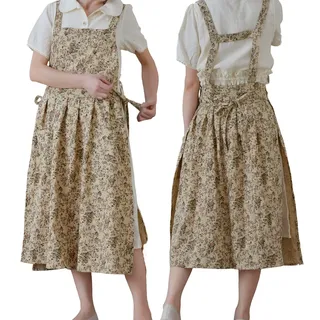 TALIBSA Pinafore Schürze Kleid, japanische Baumwolle Leinen Kreuz Rücken Schürze für Frauen mit Taschen, Pinafore Kleid mit Taillenbändern, Braune Blume