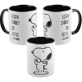 The Peanuts Tasse Snoopy - Lesen stärkt die Seele Kaffeetasse Becher Kaffeebecher aus Keramik Schwarz Weiß 320 ml