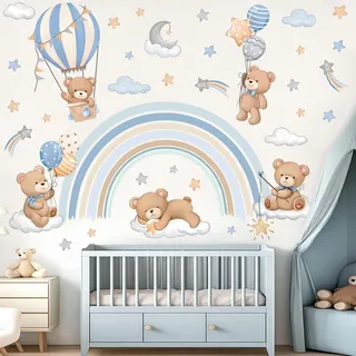 decalmile Wandtattoo Regenbogen Tiere Wandaufkleber Heißluftballon Bär Wolken Stern Wandsticker Babyzimmer Kinderzimmer Schlafzimmer Wanddeko