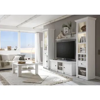 Home Affaire »California, Anbauwand im Landhausstil, Komplettset mit Metallgriffen« weiß, B:293cm, Holzwerkstoff, Kastenmöbel-Sets, Wohnwand, enthält Standregal, Vitrine, Lowboard, 1 Wandregal, 4 Stk. tlg.,
