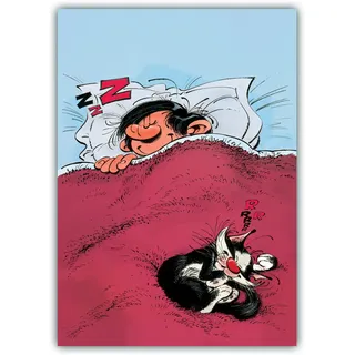 AF1607004 Wandposter 49 x 69 cm GASTON LAGAFFE Sleeping Dream ZZZ Bett Katze signiert Franquin Innendekoration Schlafzimmer Geschenkidee Geburtstag Weihnachten