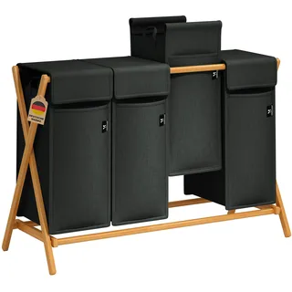 AdelDream Wäschekorb 200L, 4 Fächer Wäschesammler, X-Gestell, Bambus | Wäschesortierer 4 x 50L, faltbar, mit Deckeln, X-Rahmen, Grau