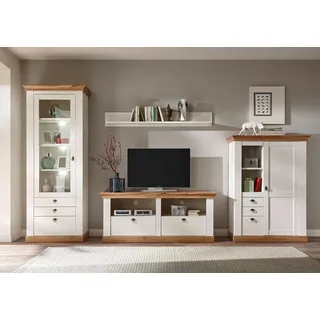 Home affaire Wohnwand "Cremona, Anbauwand im Landhausstil, Komplettset, Wohnzimmer-Set", pinie weiß nb, pinie weiß nb, applikation wotan eiche nb