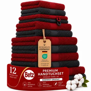 Betz Premium Handtuch-Set 12-teilig, Oeko-TEX Standard 100, 100 % Baumwolle, 470 g/m2, 2 Duschtücher, 4 Handtücher, 2 Gästetücher, 2 Seiftücher, 2 Waschhandschuhe - Farbe rubinrot/Graphit
