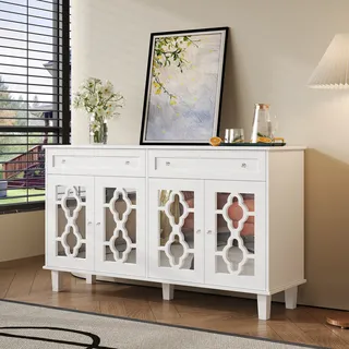 MODFU Kommode Sideboard mit vier Spiegeltüren, Schrank Buffet mit verstellbaren Einlegeböden und Kristallgriffen für Wohnzimmer, Schlafzimmer, Kinderzimmer, Jugendzimmer und Büro, Weiß - Weiß
