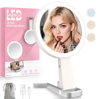 Kosmetikspiegel mit Beleuchtung, Doppelseitiger 10X/1X Vergrößerungsspiegel, Dimmbarer Reise-Schminkspiegel mit 3 Farben, Faltbarer Tischspiegel, Tragbarer Schminkspiegel mit Licht für Hand Wand
