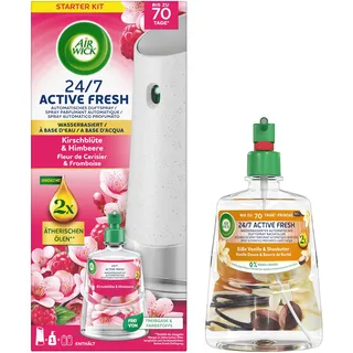 Air Wick Active Fresh Wasserbasiertes Automatisches Duftspray Starter Set inklusive Nachfüller 1x228ml Kirschblüte & Himbeere & 1x 228ml Süße Vanille & Sheabutter
