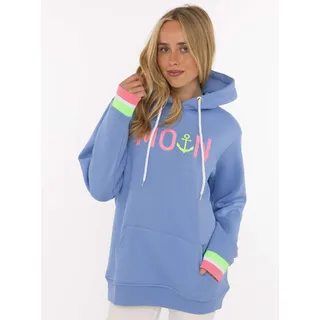 Hoodie ZWILLINGSHERZ "Rahel", Damen, Gr. M, blau, Obermaterial: 50% Baumwolle, 50% Polyester, bedruckt, unifarben, hüftbedeckend, ohne Ausschnitt, Rippbündchen kontrastfarben, Sweatshirts Hoodie, mit "MOIN" und Anker Stickerei, kontrastfarbigen Ärmelbündchen