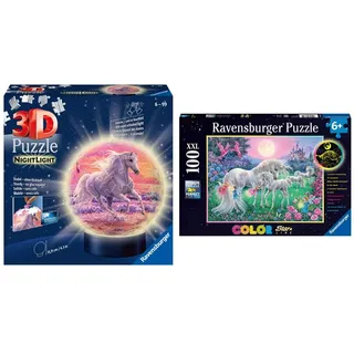 Ravensburger 3D Puzzle 11843 - Nachtlicht Puzzle-Ball Pferde am Strand - 72 Teile - ab 6 Jahren & Kinderpuzzle - 13670 Einhörner im Mondschein -Leuchtpuzzle ab 6 Jahren, mit 100 Teilen im XXL-Format