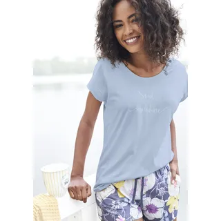 T-Shirt, Damen, Gr. 36/38, blau (hellblau), Single Jersey, Obermaterial: 50% Baumwolle, 50% Viskose, VIVANCE DREAMS BY LASCANA, bedruckt, unifarben, loose fit hüftlang, Rundhals, angeschnitten, Shirts T-Shirt, mit Sommer-Statementdruck