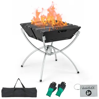 COSTWAY 3-in-1-Campinggrill, Feuerstelle für Brennholz & Holzkohle mit Edelstahlgrillrosten, Tragetasche & Handschuhen, Feuerschale tragbar 45x45x49cm